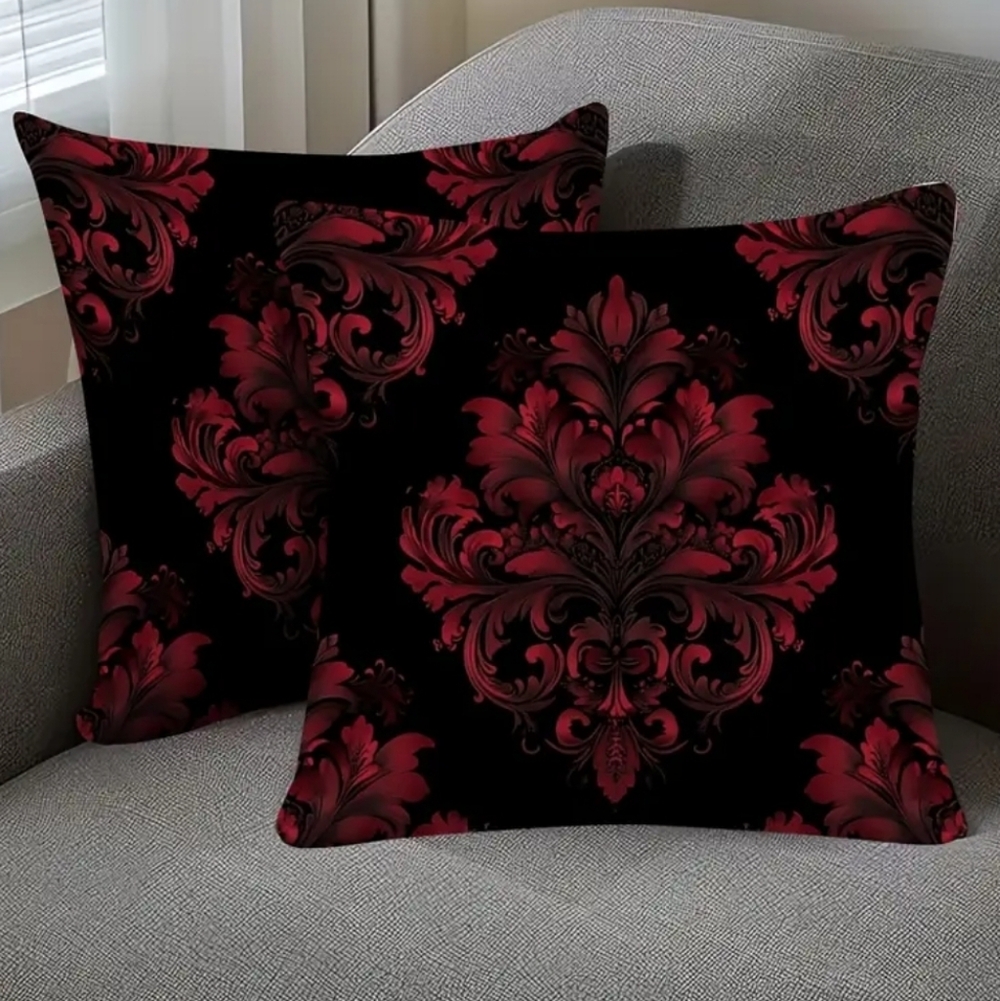 🐎NEW! Set Of Crimson And Black Damask Pillow Covers 18x18 - Picture 5 of 5